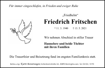 Traueranzeige von Friedrich Fritschen von Hannoversche Allgemeine Zeitung/Neue Presse