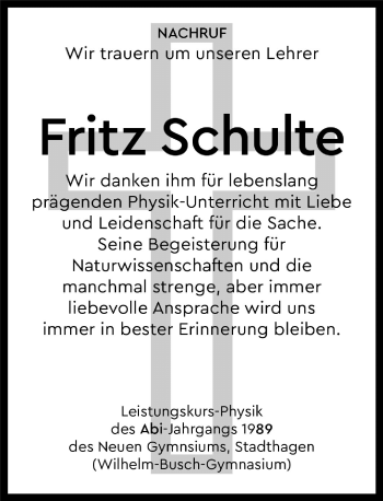 Traueranzeige von Fritz Schulte von Schaumburger Nachrichten