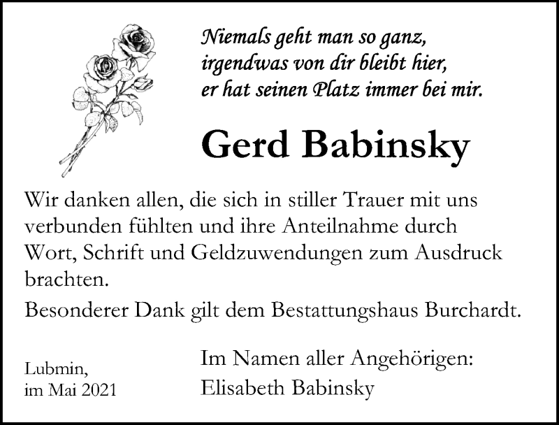  Traueranzeige für Gerd Babinsky vom 29.05.2021 aus Ostsee-Zeitung GmbH