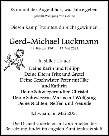 Traueranzeige von Gerd-Michael Luckmann von Ostsee-Zeitung GmbH