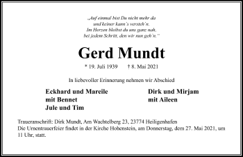 Traueranzeige von Gerd Mundt von Lübecker Nachrichten