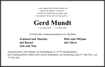 Traueranzeige von Gerd Mundt von Lübecker Nachrichten
