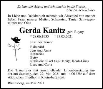Traueranzeige von Gerda Kanitz von Märkischen Allgemeine Zeitung