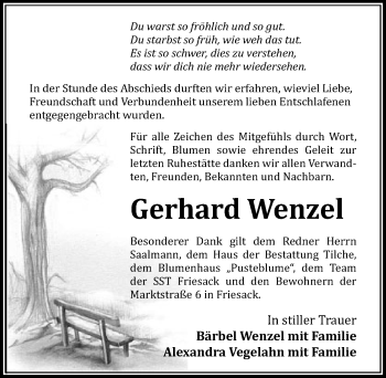 Traueranzeige von Gerhard Wenzel von Märkischen Allgemeine Zeitung
