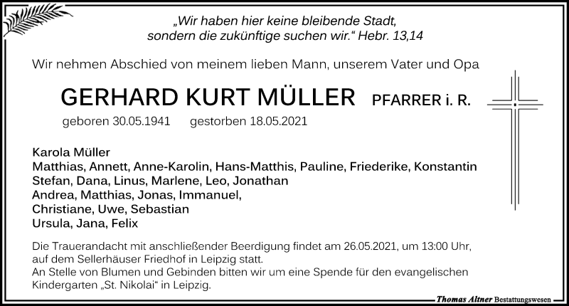  Traueranzeige für Gerhard Kurt Müller vom 22.05.2021 aus Leipziger Volkszeitung