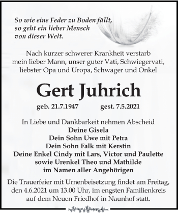 Traueranzeige von Gert Juhrich von Leipziger Volkszeitung