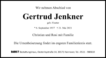 Traueranzeige von Gertrud Jenkner von Hannoversche Allgemeine Zeitung/Neue Presse