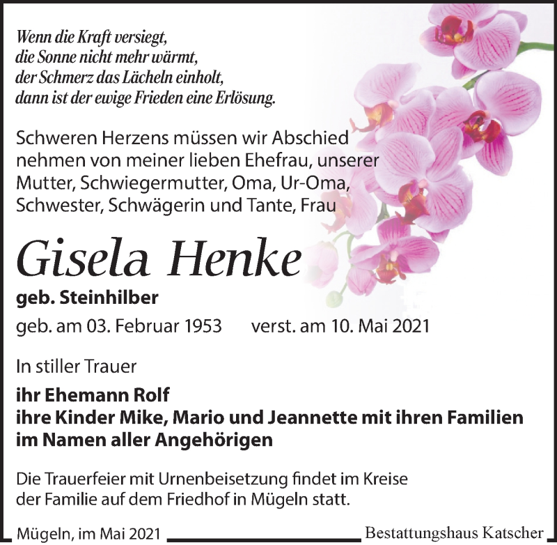  Traueranzeige für Gisela Henke vom 15.05.2021 aus Leipziger Volkszeitung