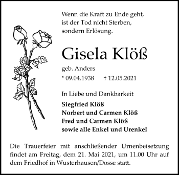 Traueranzeige von Gisela Klöß von Märkischen Allgemeine Zeitung