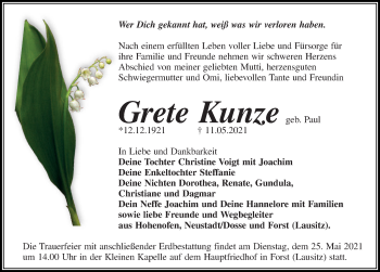 Traueranzeige von Grete Kunze von Märkischen Allgemeine Zeitung