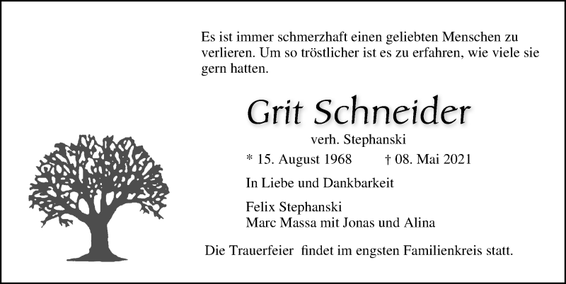  Traueranzeige für Grit Schneider vom 22.05.2021 aus Ostsee-Zeitung GmbH