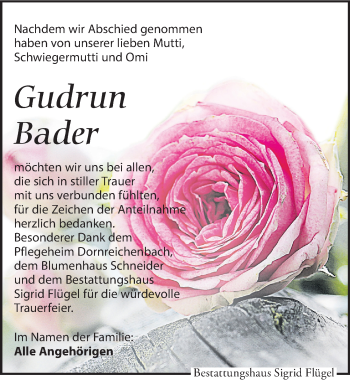 Traueranzeige von Gudrun Bader von Leipziger Volkszeitung