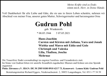Traueranzeige von Gudrun Pohl von Hannoversche Allgemeine Zeitung/Neue Presse