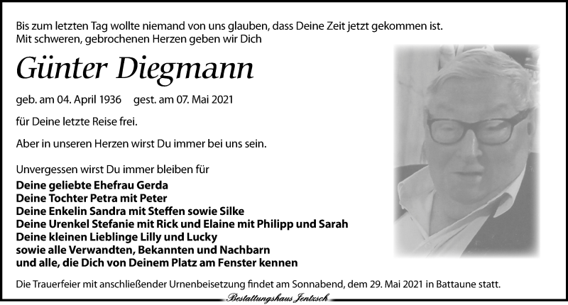  Traueranzeige für Günter Diegmann vom 15.05.2021 aus Leipziger Volkszeitung
