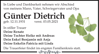 Traueranzeige von Günter Dietrich von Leipziger Volkszeitung