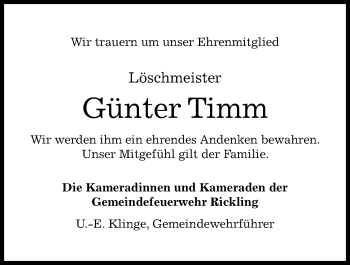 Traueranzeige von Günter Johannes Gustav Timm von Kieler Nachrichten