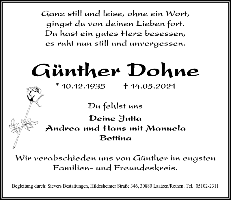  Traueranzeige für Günther Dohne vom 22.05.2021 aus Hannoversche Allgemeine Zeitung/Neue Presse