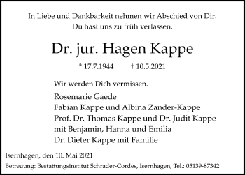 Traueranzeige von Hagen Kappe von Hannoversche Allgemeine Zeitung/Neue Presse