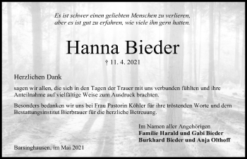 Traueranzeige von Hanna Bieder von Hannoversche Allgemeine Zeitung/Neue Presse