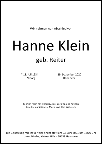 Traueranzeige von Hanne Klein von Hannoversche Allgemeine Zeitung/Neue Presse