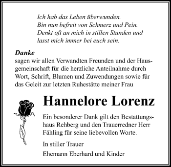 Traueranzeige von Hannelore Lorenz von Ostsee-Zeitung GmbH