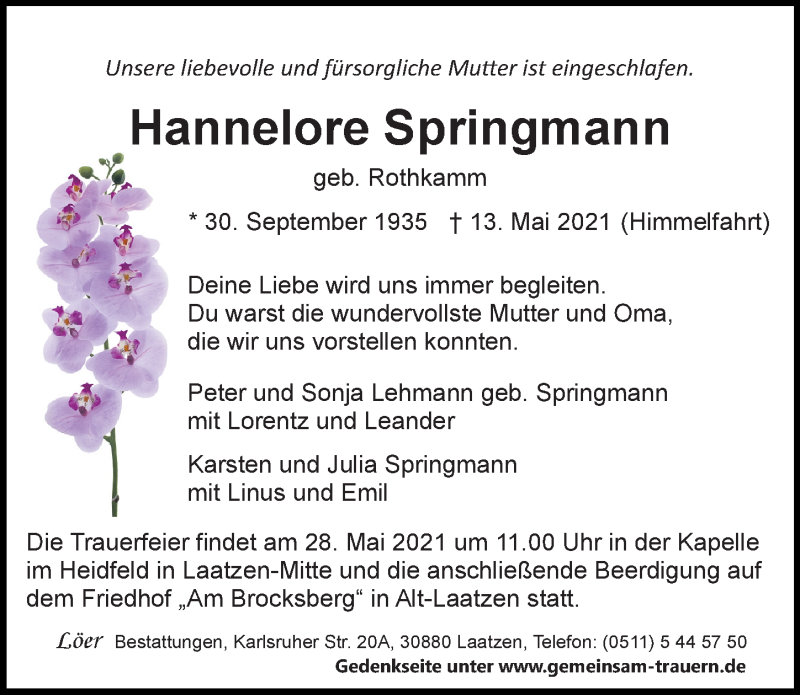  Traueranzeige für Hannelore Springmann vom 22.05.2021 aus Hannoversche Allgemeine Zeitung/Neue Presse