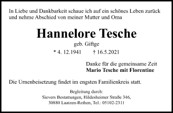 Traueranzeige von Hannelore Tesche von Hannoversche Allgemeine Zeitung/Neue Presse