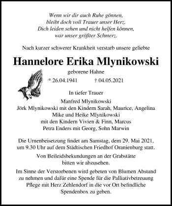 Traueranzeige von Hannelore Erika Mlynikowski von Märkischen Allgemeine Zeitung