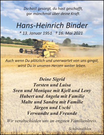 Traueranzeige von Hans-Heinrich Binder von Lübecker Nachrichten