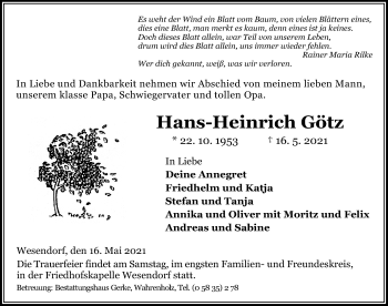 Traueranzeige von Hans-Heinrich Götz von Aller Zeitung