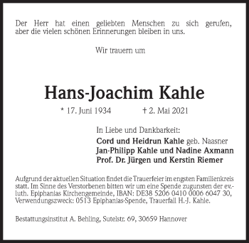 Traueranzeige von Hans-Joachim Kahle von Hannoversche Allgemeine Zeitung/Neue Presse