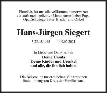 Traueranzeige von Hans-Jürgen Siegert von Märkischen Allgemeine Zeitung
