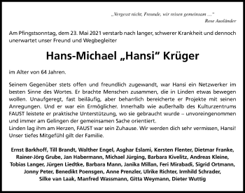 Traueranzeige von Hans-Michael Krüger von Hannoversche Allgemeine Zeitung/Neue Presse