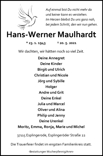 Traueranzeige von Hans-Werner Maulhardt von Eichsfelder Tageblatt