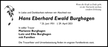 Traueranzeige von Hans Eberhard Ewald Burghagen von Märkischen Allgemeine Zeitung
