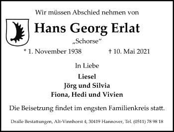 Traueranzeige von Hans Georg Erlat von Hannoversche Allgemeine Zeitung/Neue Presse