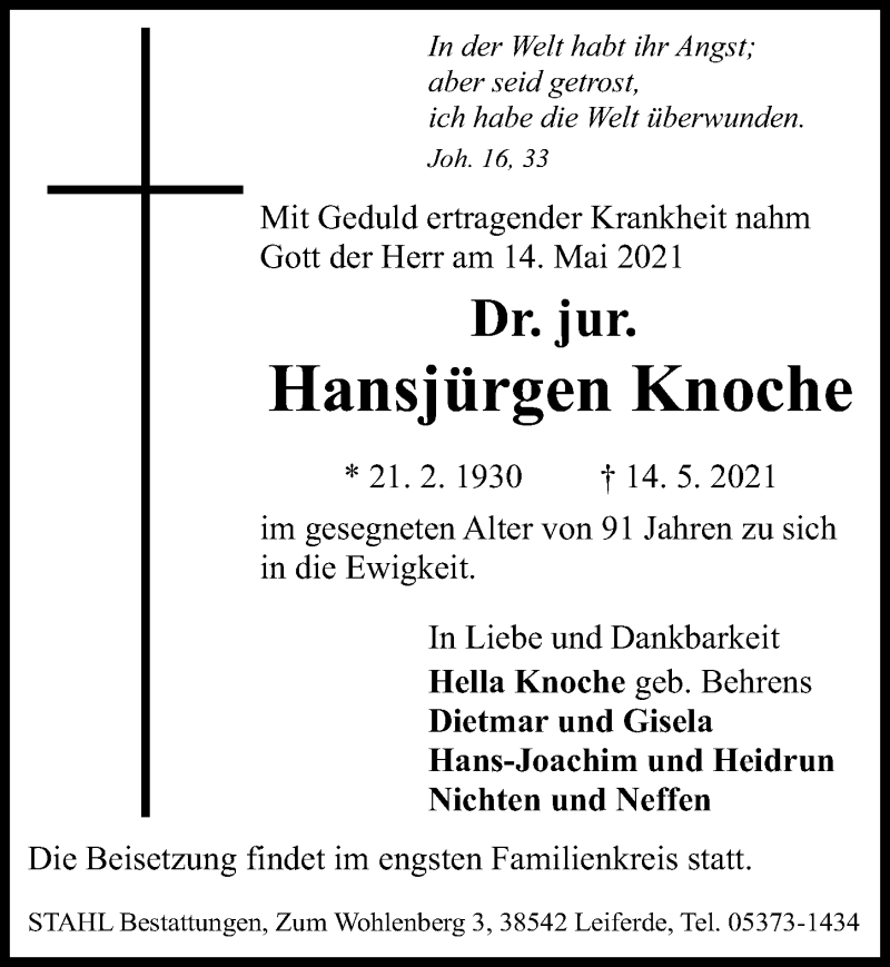  Traueranzeige für Hansjürgen Knoche vom 22.05.2021 aus Hannoversche Allgemeine Zeitung/Neue Presse