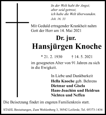 Traueranzeige von Hansjürgen Knoche von Hannoversche Allgemeine Zeitung/Neue Presse