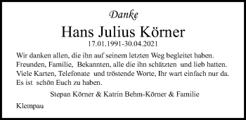 Traueranzeige von Hans Julius Körner von Lübecker Nachrichten
