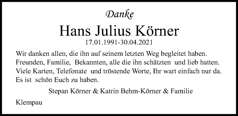  Traueranzeige für Hans Julius Körner vom 30.05.2021 aus Lübecker Nachrichten