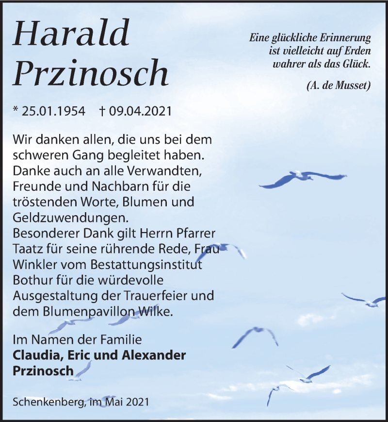 Traueranzeige für Harald Przinosch vom 15.05.2021 aus Leipziger Volkszeitung