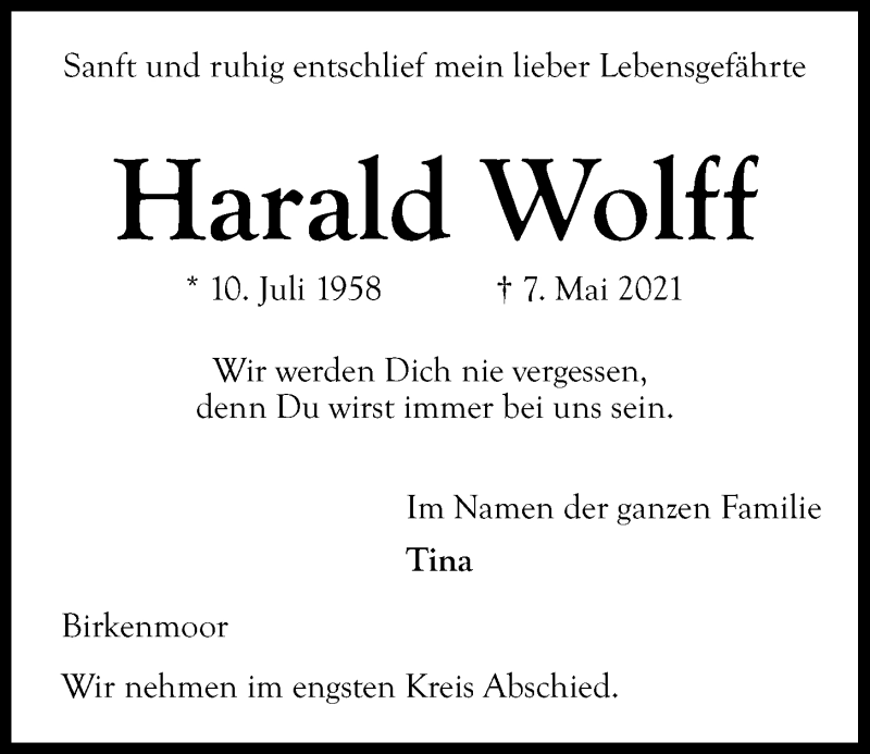  Traueranzeige für Harald Wolff vom 15.05.2021 aus Kieler Nachrichten
