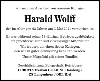 Traueranzeige von Harald Wolff von Kieler Nachrichten
