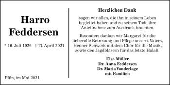 Traueranzeige von Harro Feddersen von Kieler Nachrichten