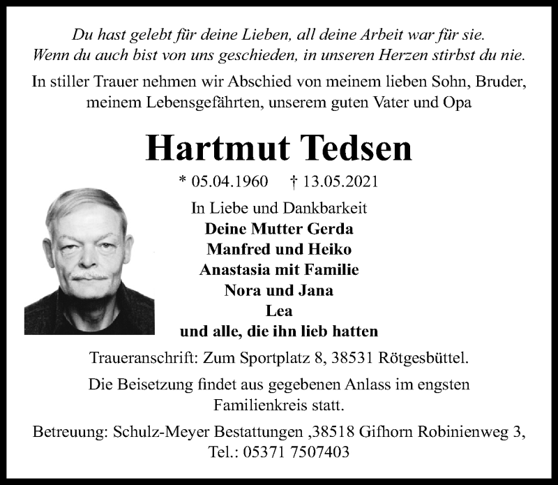  Traueranzeige für Hartmut Tedsen vom 20.05.2021 aus Aller Zeitung