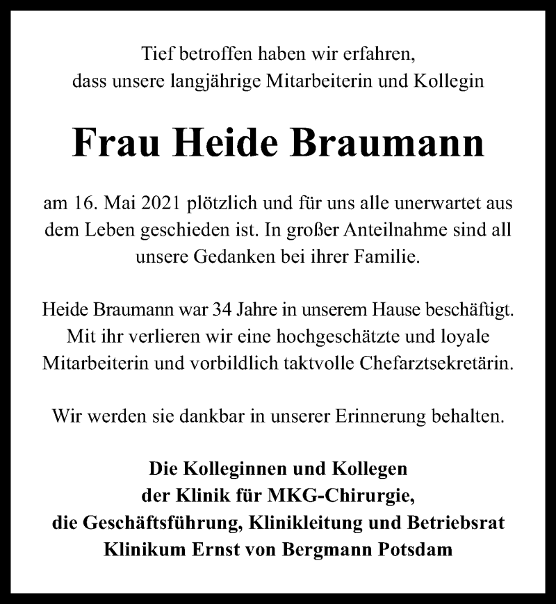  Traueranzeige für Heide Braumann vom 22.05.2021 aus Märkischen Allgemeine Zeitung