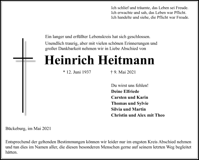  Traueranzeige für Heinrich Heitmann vom 12.05.2021 aus Schaumburger Nachrichten