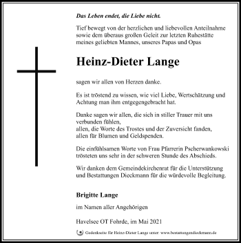 Traueranzeige von Heinz-Dieter Lange von Märkischen Allgemeine Zeitung