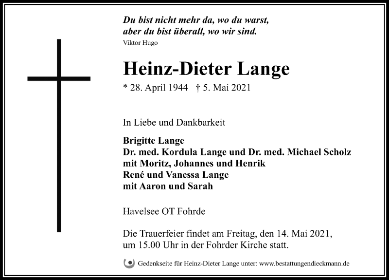  Traueranzeige für Heinz-Dieter Lange vom 11.05.2021 aus Märkischen Allgemeine Zeitung