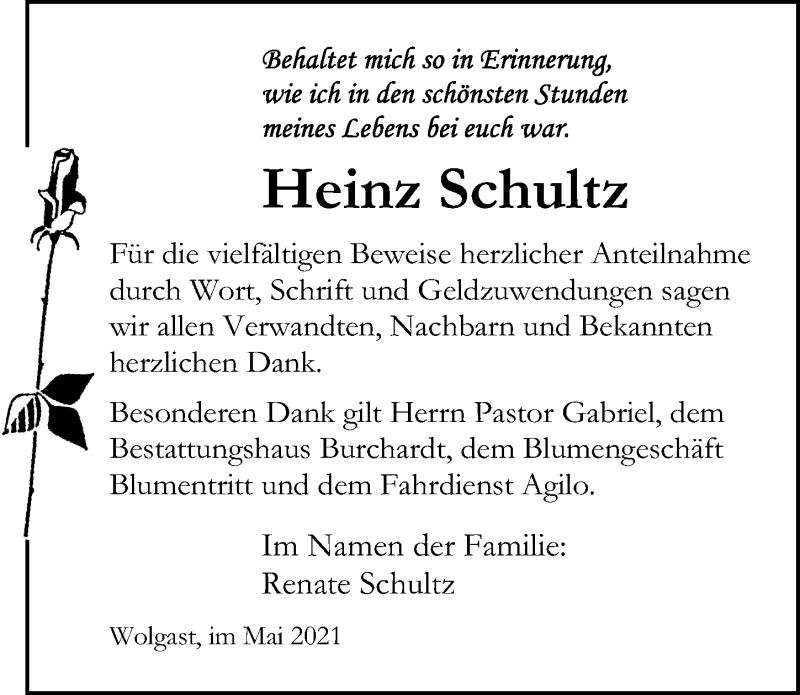  Traueranzeige für Heinz Schultz vom 22.05.2021 aus Ostsee-Zeitung GmbH